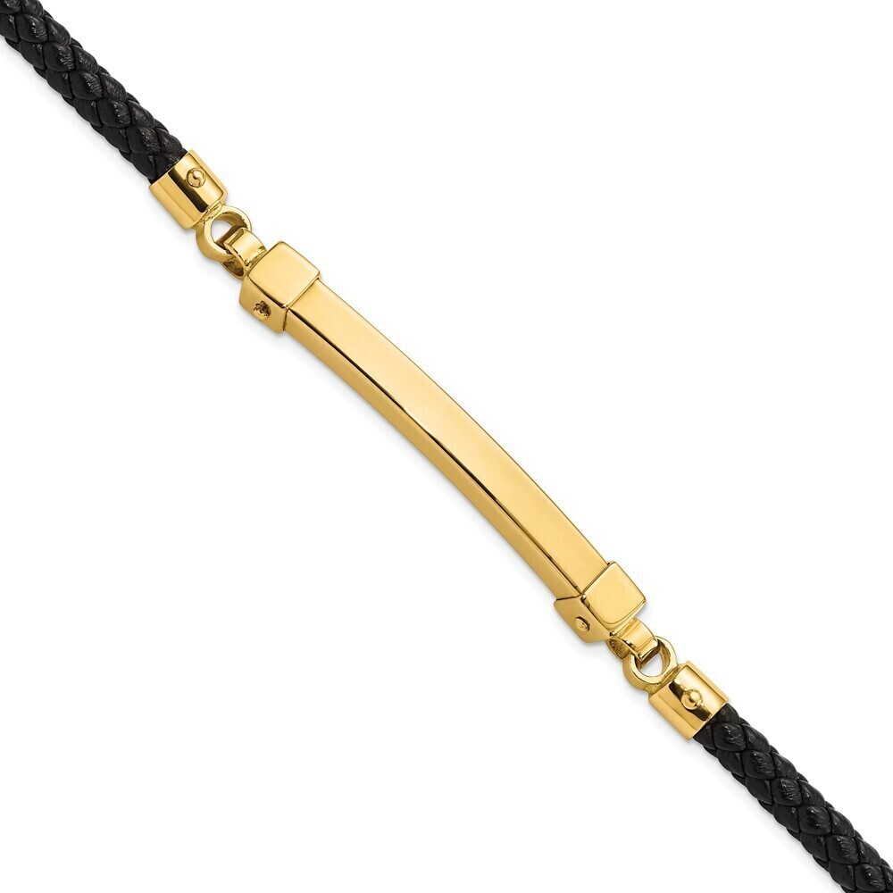 14k Yellow Gold Polished Bar Leather Bracelet